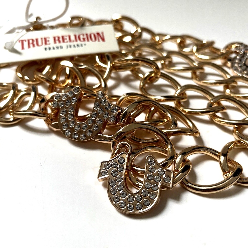 NWT Original TRUE RELIGION Rhinestone Horseshoe Chain Belt Gold